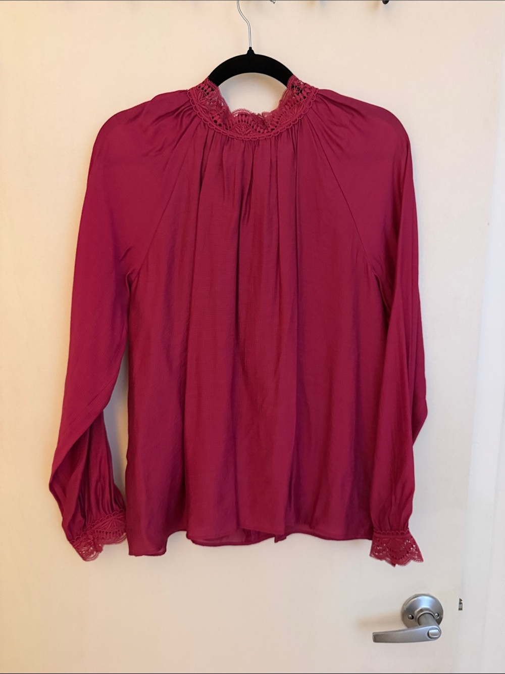 Ann Taylor Raspberry Lace-Yoke Long Sleeve Blouse